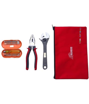 GLOBUS 809 Steel Hand Tool Set/3 PCS (8" Adjustable Wrench Black, 8" PLIER RED and Black, Screwdriver Set/6 PCS with Tool KIT Bag)