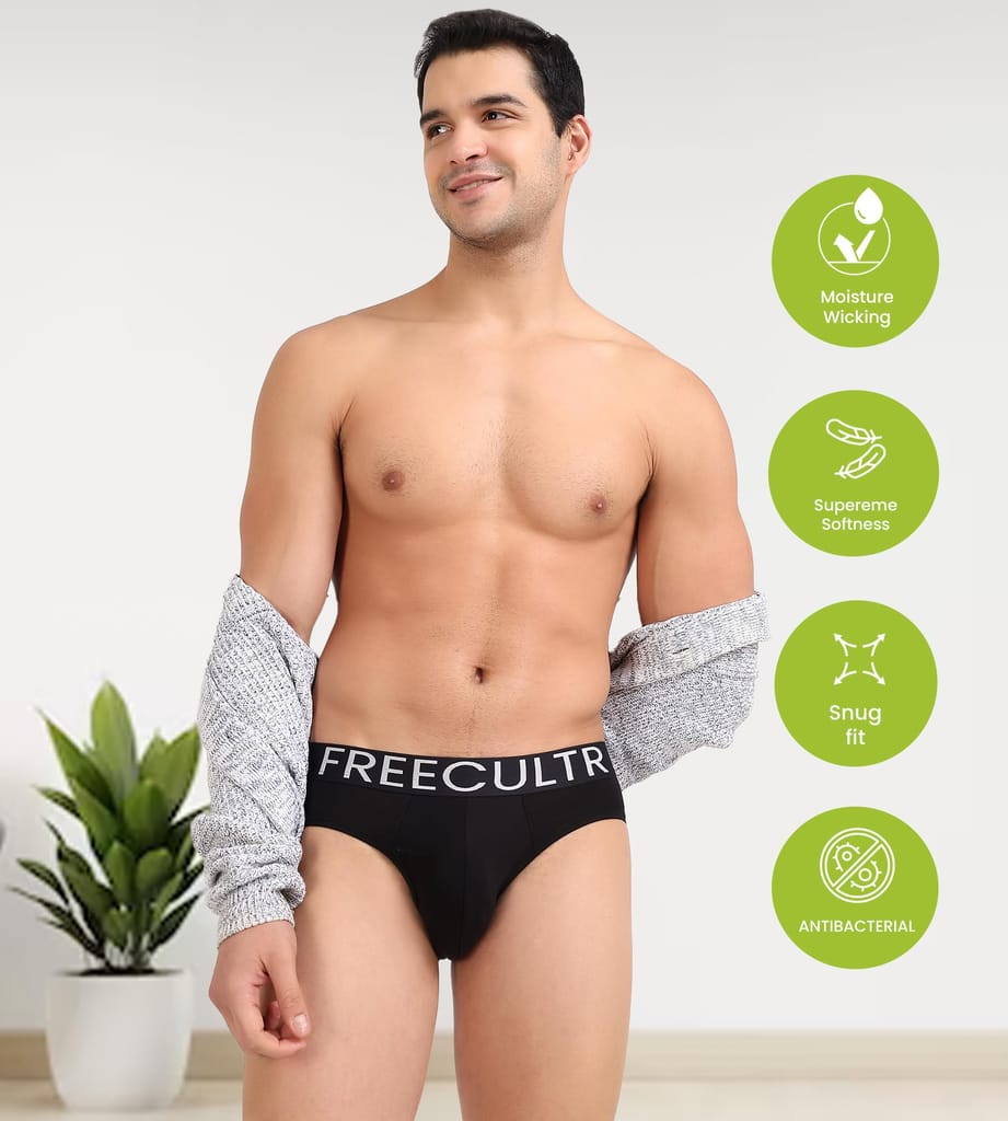 FREECULTR Men's Underwear Organic Cotton (Ultrasoft Waistband) Premium Snug-Fit Brief Pack of 2-Black,Brilliant Blue