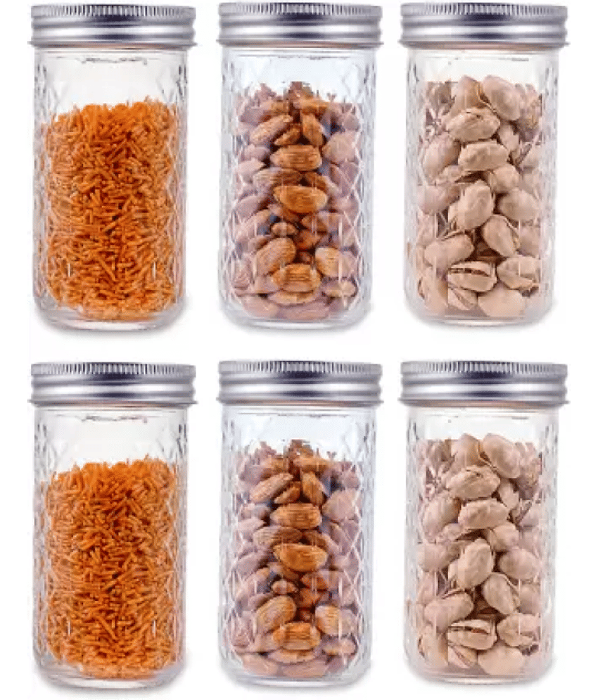 CROCO JAR 350 CHARKUT-6-SILVER Glass Silver Multi-Purpose Container ( Set of 6 )