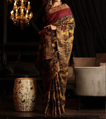 Party Wear Linen Multi color Digital Printed Sari 1022