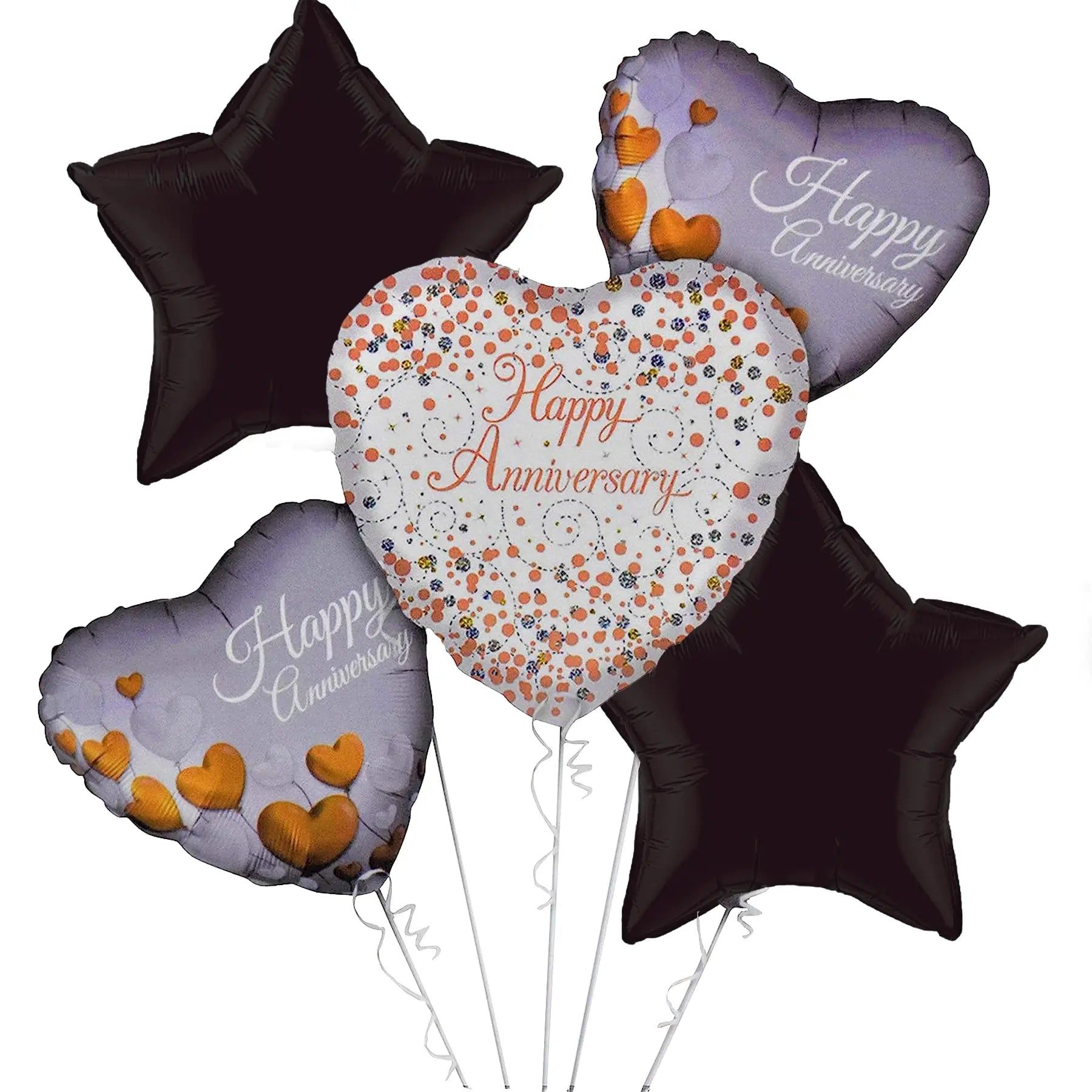 Happy Anniversary Heart & Star Shape Balloon Bouquet  - Helium Filled - 5PC