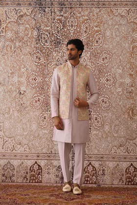 Kyran - Peach Resham Embroidered Jacket Kurta Set-XS/34