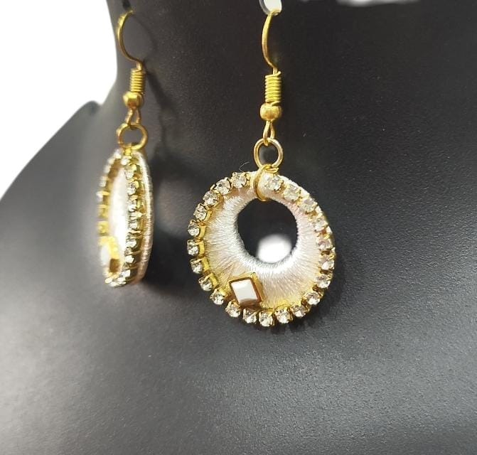 White and Gold Hoop Earrings with Rhinestones