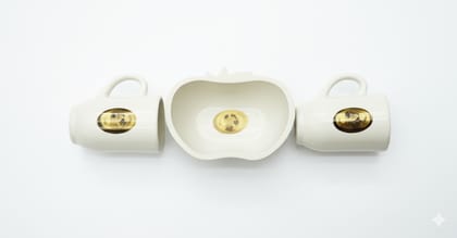 Luxury Ceramic Coffee Mug & Apple Shaped Bowl Set of 3 (Black/White) | Premium Diwali Gift Item for Home Decor, Corporate, Navratri Pooja | Elegant Golden Emblems(Random Colour)
