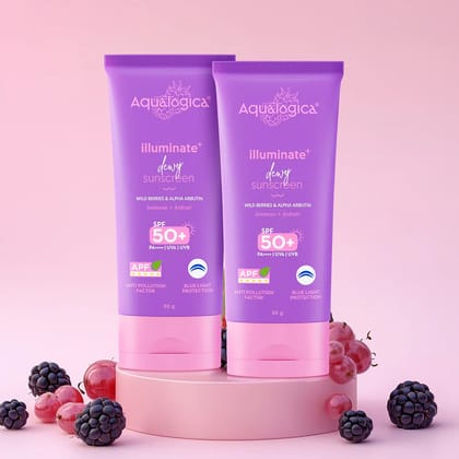 Illuminate+ Dewy Sunscreen SPF 50+ PA++++ with Anti Pollution Factor (APF) | Wild Berries & Alpha Arbutin - 80g (Pack of 2)
