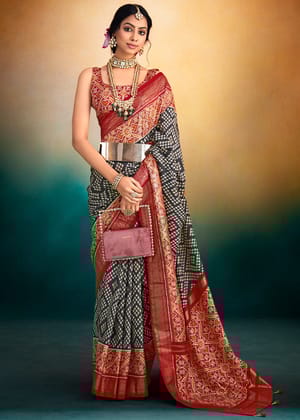 Red And Black Woven Patola Soft Silk Saree