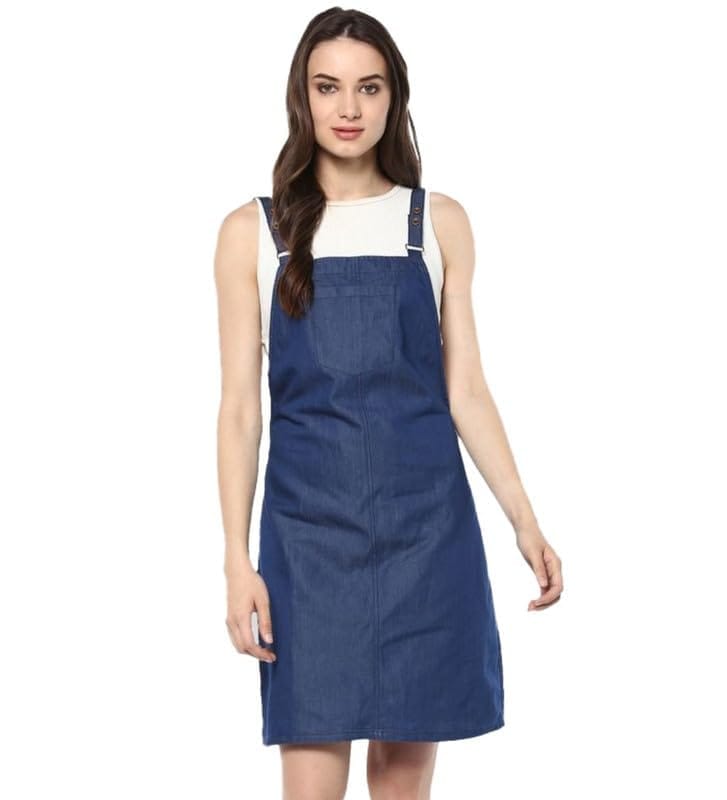 Women's Denim Solid Shoulder Straps Above Knee Dress (Blue, M)-PID55725