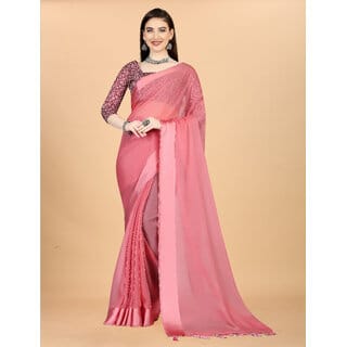 Pink Colour Chiffon Solid Printed Saree With Blouse Piece