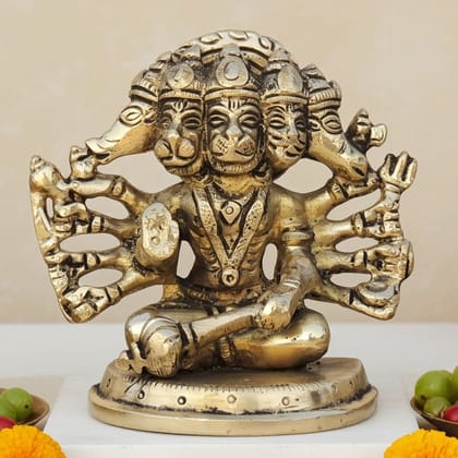 Brass Panchmukhi Hanuman Ji Idol Statue - Temple Style Worship Murti, Height : 4 Inch (BSMAS1528 E)