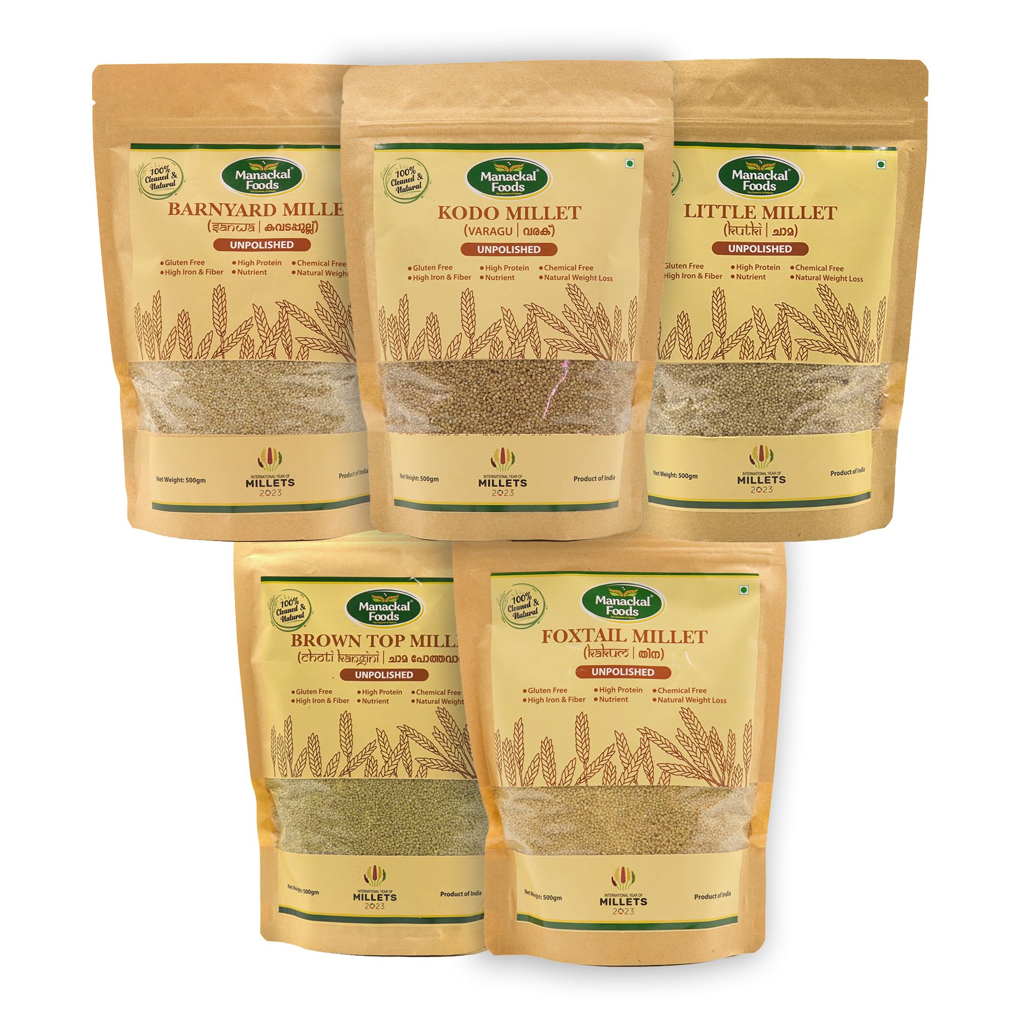 Manackal Foods 5-in-1 Millet Combo | Kodo, Little, Browntop, Barnyard & Foxtail Millets | Premium Natural Whole Grains | Rich in Fiber & Nutrients | Healthy Diet Pack (500g x 5)