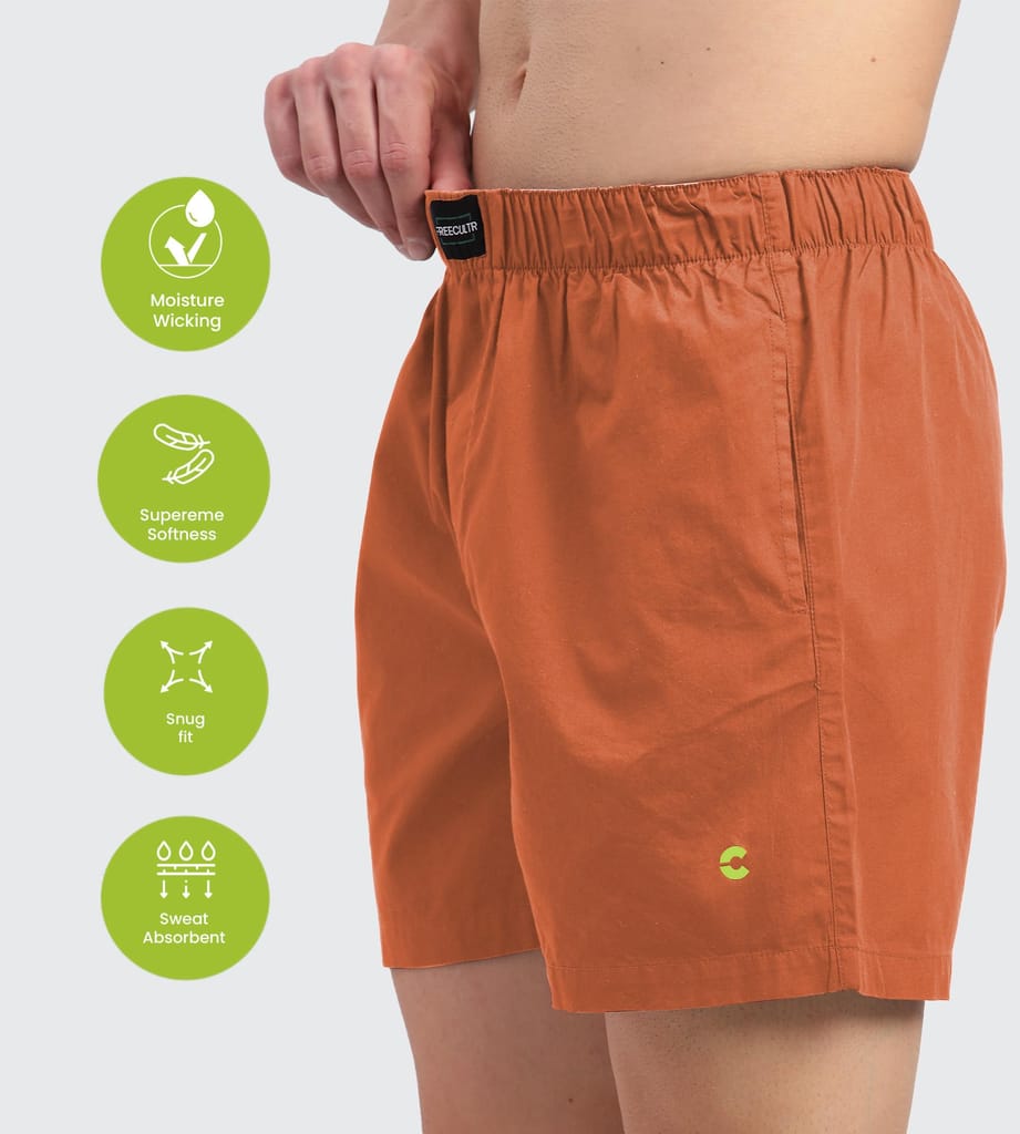 Freecultr Regular Fit Ultralight All Day Boxer Shorts for Men | 100% Cotton Fabric, Dual Deep Side Pocket, Microfibre Waistband Pack of 1-Orange