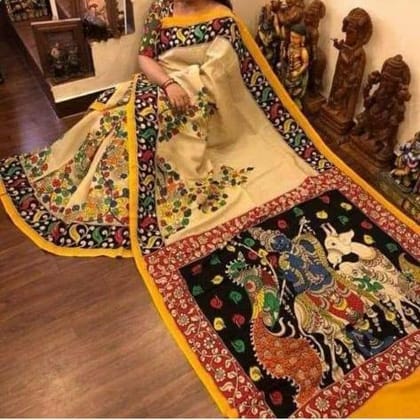Beige Color Kalamkari Linen Digital Printed Sari 1200