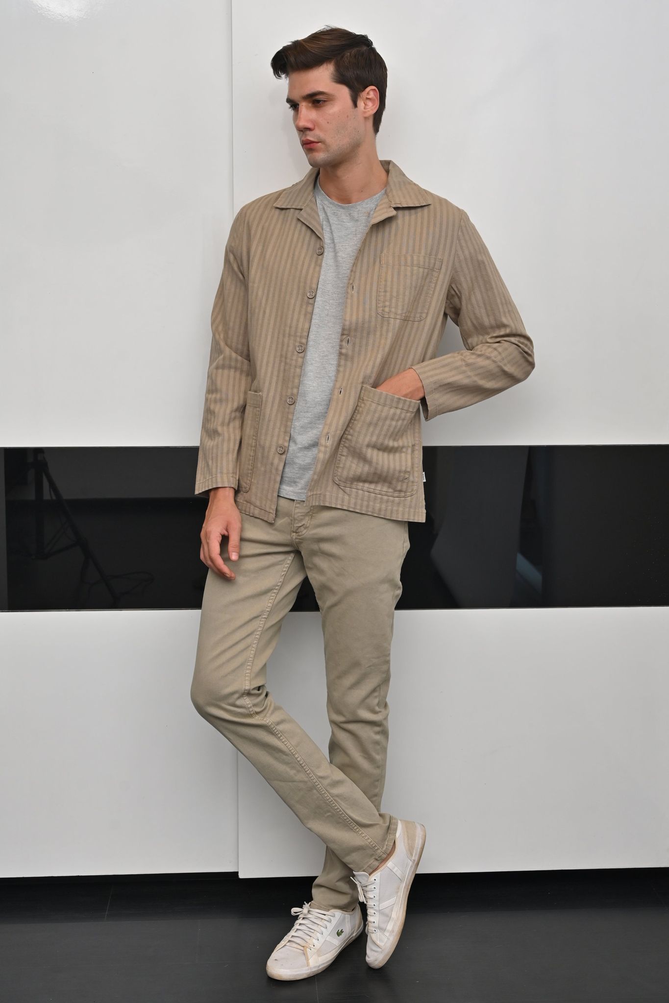 Tuna - Striped Shacket - Beige-S-38 / BEIGE