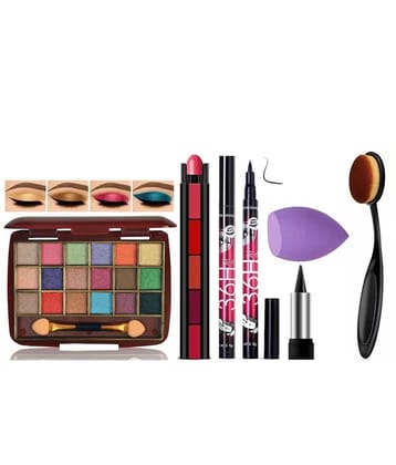 swenky eyeshadow with 5in1 lipstick eyeliner kajal beauty blender puff & oval brush (Pack of 7)