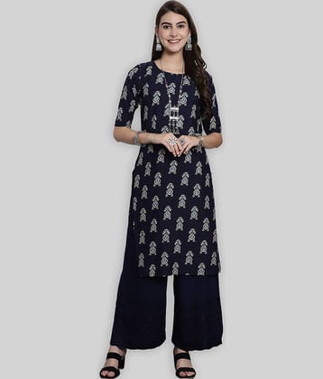 7Threads Crepe Printed Straight Women's Kurti - Blue ( Pack of 1 )