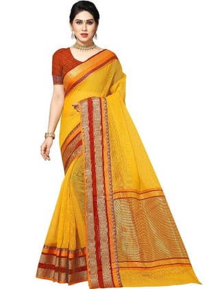 Generic Women's Kota Doria Cotton Border Saree With Blouse (Yellow, 5-6  Mtr)