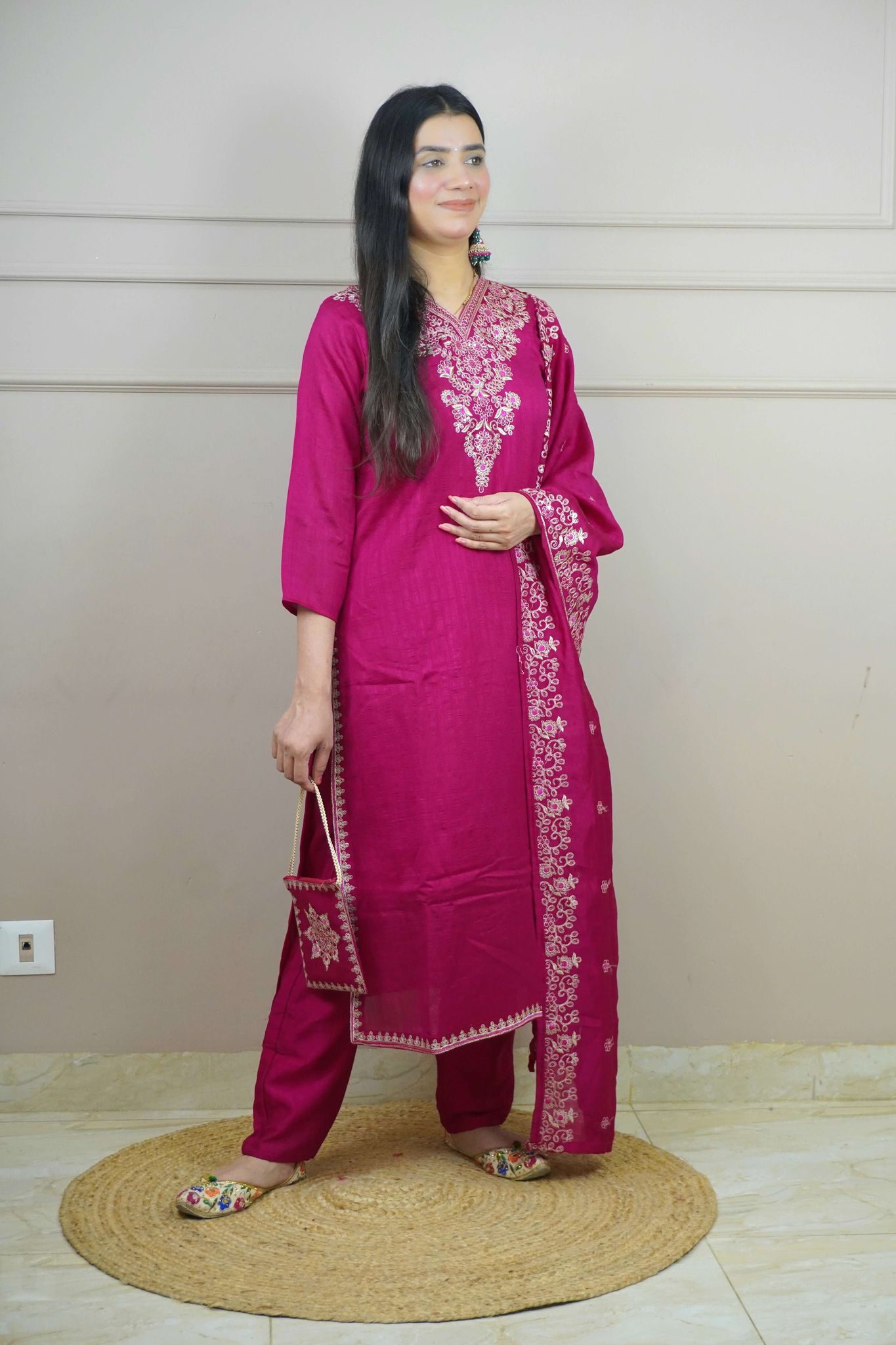 Magenta Colour Thread Work Straight Kurta Set with Elastic Pant Dupatta & Potli-L / Magenta