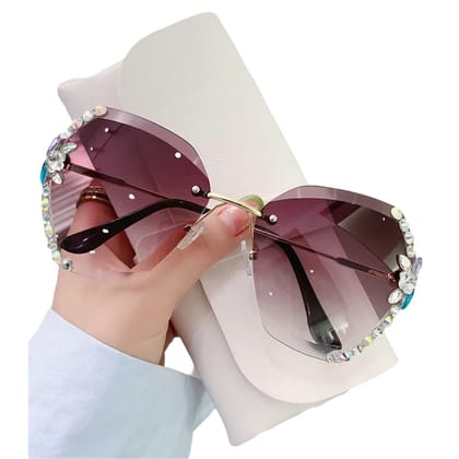 Dervin Sunglasses for Women – UV400 Protection, Rimless Flower Diamond-Cut Lens, Trendy Driving Shades for Women (Oversized)-Purple