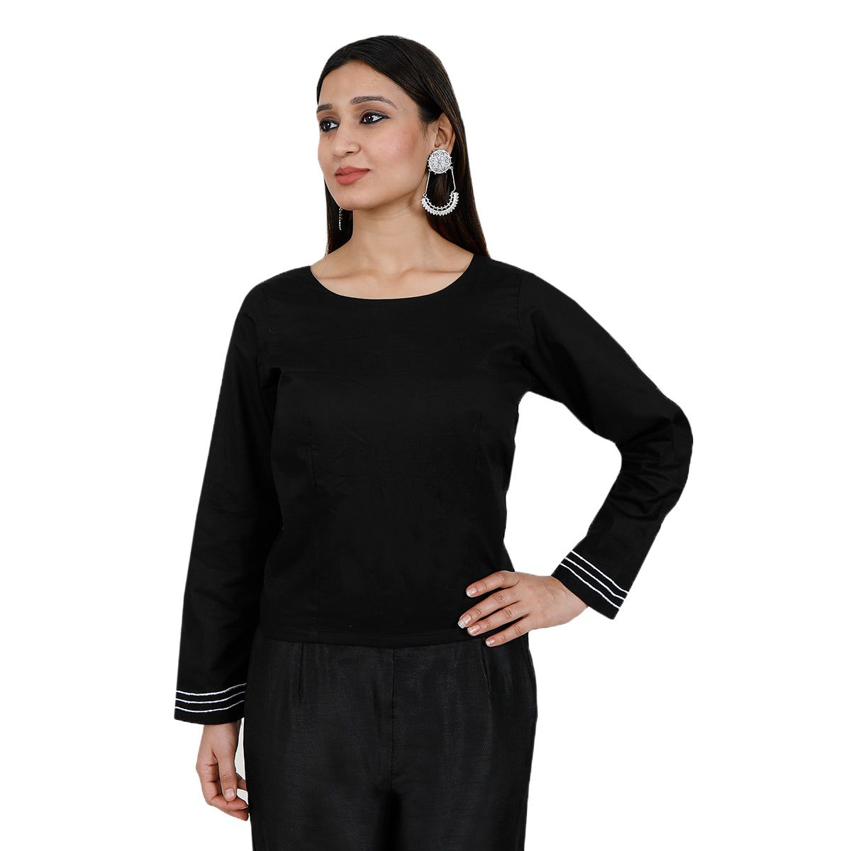 Pure Cotton Black Rabari Long Blouse-XS