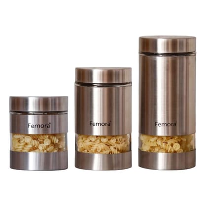 Femora Clear Glass Steel Metallic Jars for Kitchen Storage 700 ML-1000 ML-1300 ML, Set of 3