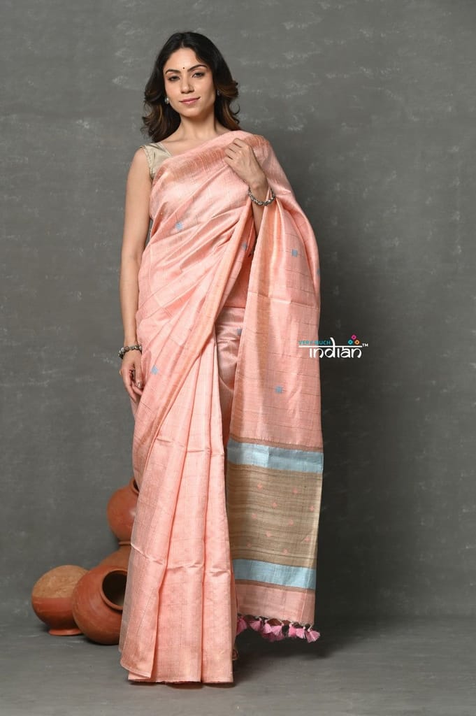 Tyohaar ~ Pure Dupion Silk Saree with Geometric Weave ~ Peach - Sarees | Buy online on ZillyBuy