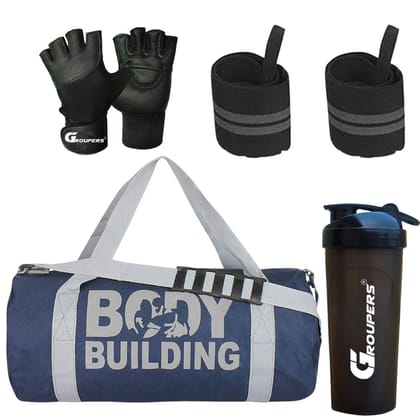GROUPERS Duffle Canvas Bag with Shaker Bottle-700ml & GloveslSports & Travel BaglSports Kitl (Blue) GROUPERS Duffle Canvas Bag with Shaker Bottle-700ml & GloveslSports & Travel BaglSports Kitl (Blue)