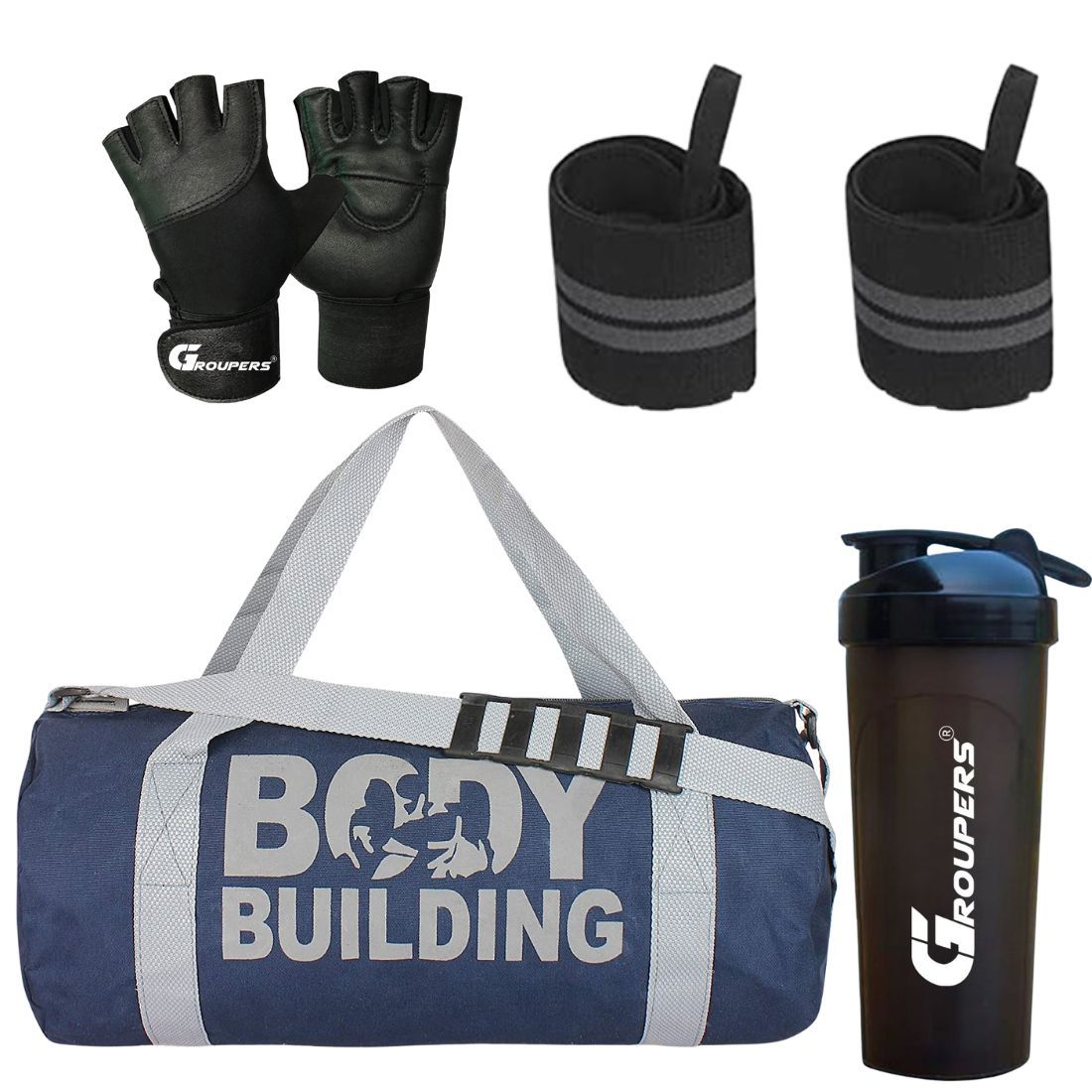GROUPERS Duffle Canvas Bag with Shaker Bottle-700ml & GloveslSports & Travel BaglSports Kitl (Blue)