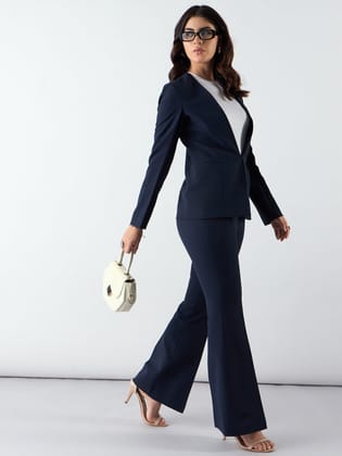 Women Navy Mid Waist Trouser In Stretchable Fabric-XS
