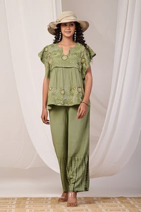 Emerald Elegance Embroidered Cord Set-GREEN / S