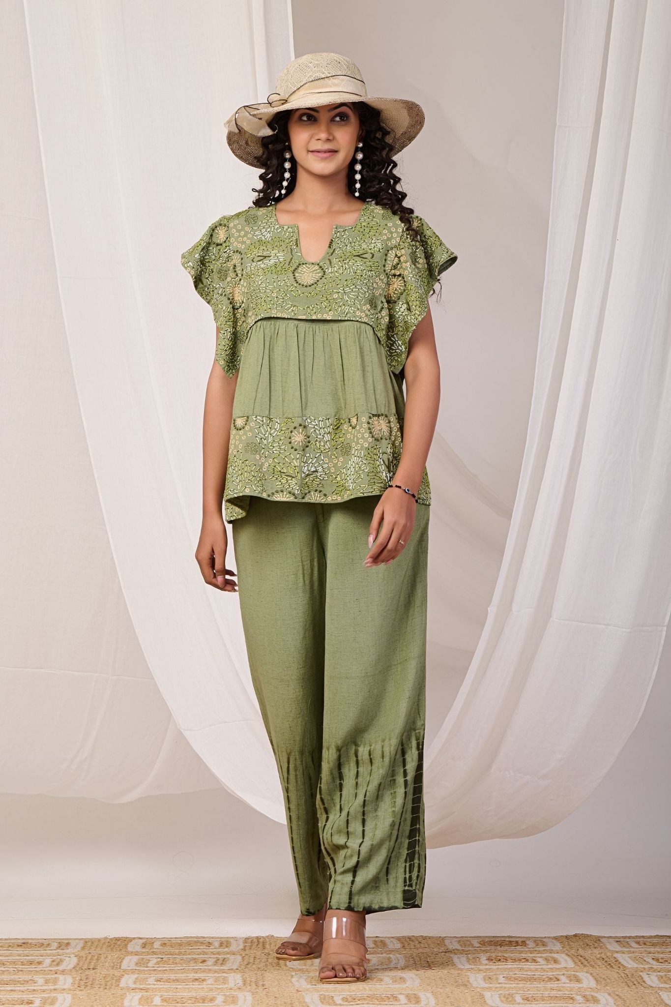 Emerald Elegance Embroidered Cord Set-GREEN / S