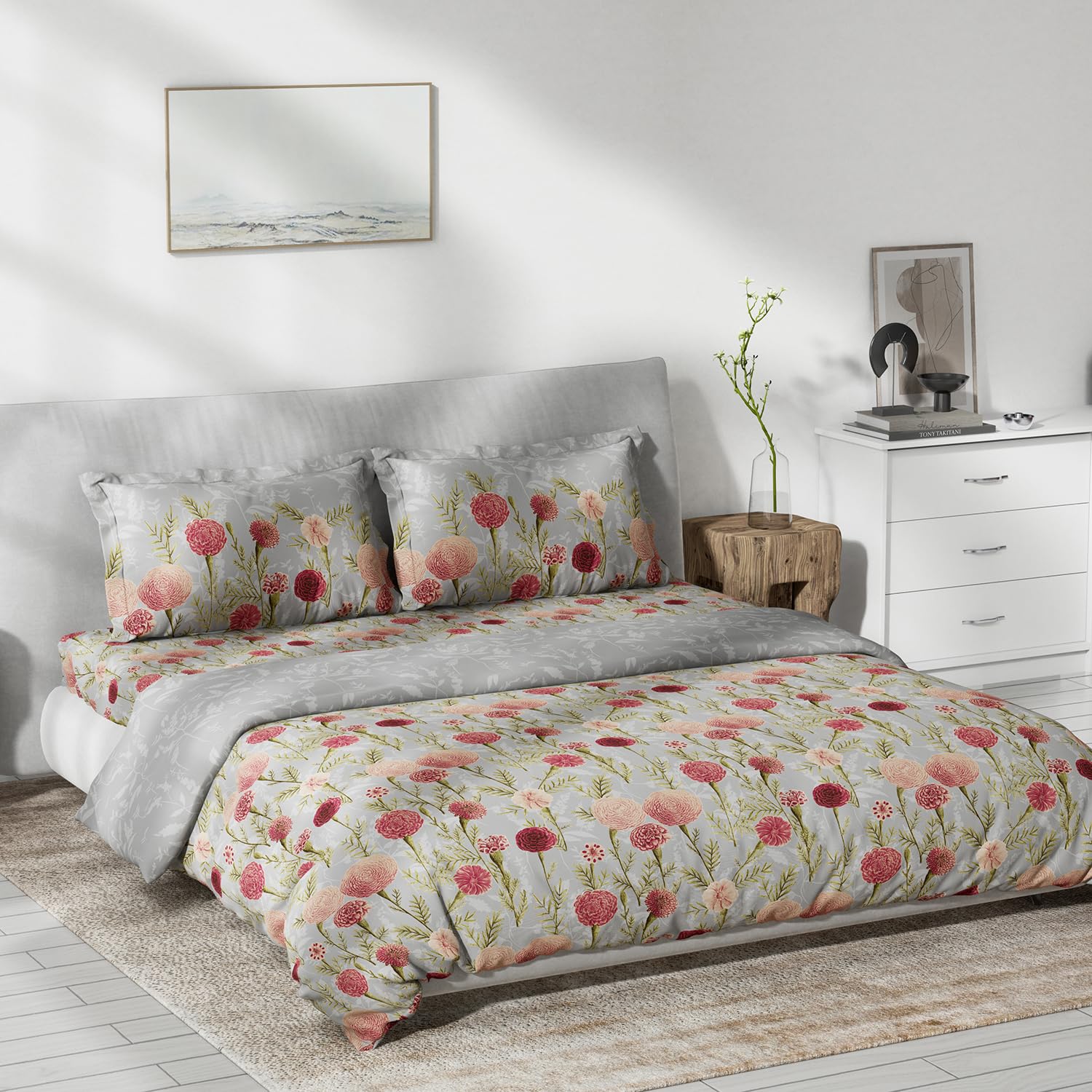 DDECOR - Primary Collection 100% Cotton Floral Pattern 145TC King Bedsheet |254 CM X 274 CM|, Quilt and with 2 Pillow Covers - Pink