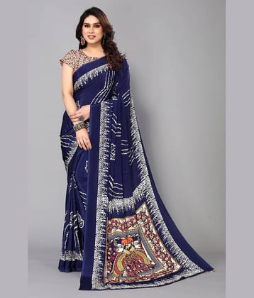 FABMORA Crepe Printed Saree With Unstitched Blouse Piece ( Navy Blue )