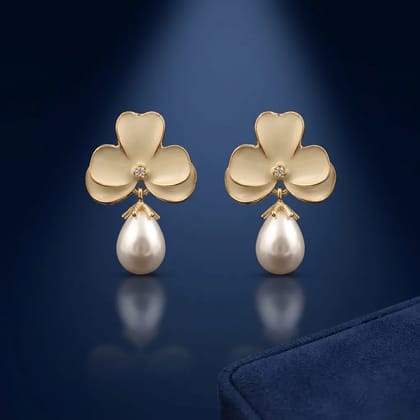 Elegant Floral Pearl Drop Earrings Glossy Gold Finish Party Wear for Women & Girls