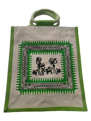 Handmade Green Jute Bag with Warli Painting