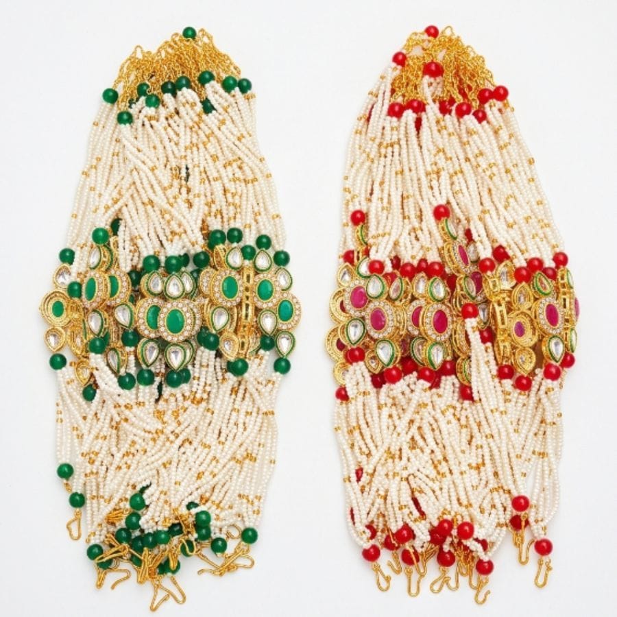 Traditional Multi-Strand Pearl and Kundan Rakhi with Gemstone Accents (1 piece)