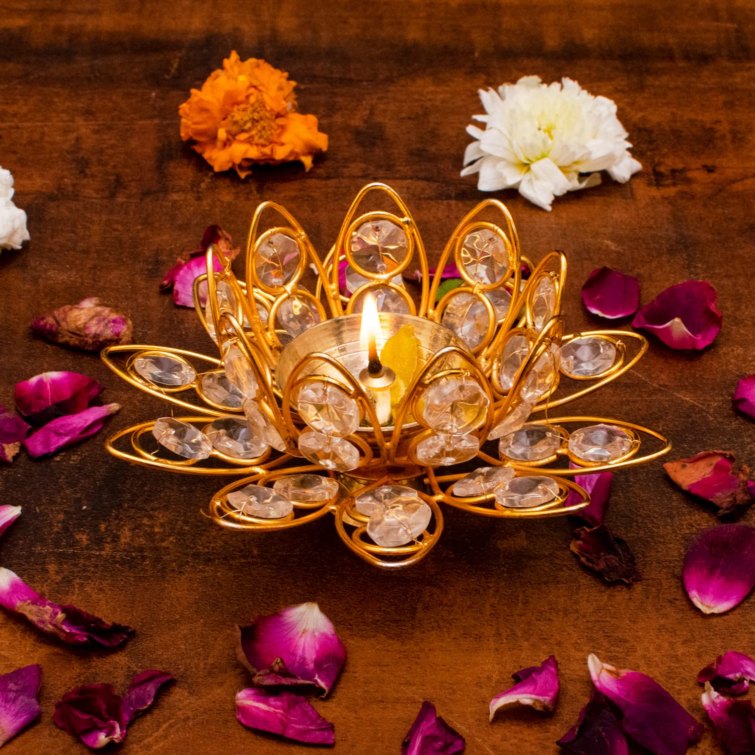 Craftlayout Crystal Lotus Diya, Golden 2.5 Inch