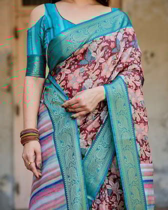 Maroon and Teal Tussar Silk Saree with Floral Zari Weave and Striped Pallu-Regular