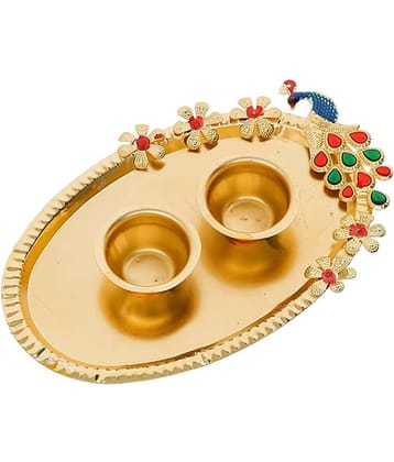 THRIFTKART - 1PC Decorative Roli Chawal Haldi Kumkum Holder Kumkum Box for Gifting, Pooja, Thali, Mandir, Home, Temple, Gifting Oval Peacock Design with Golden Finish