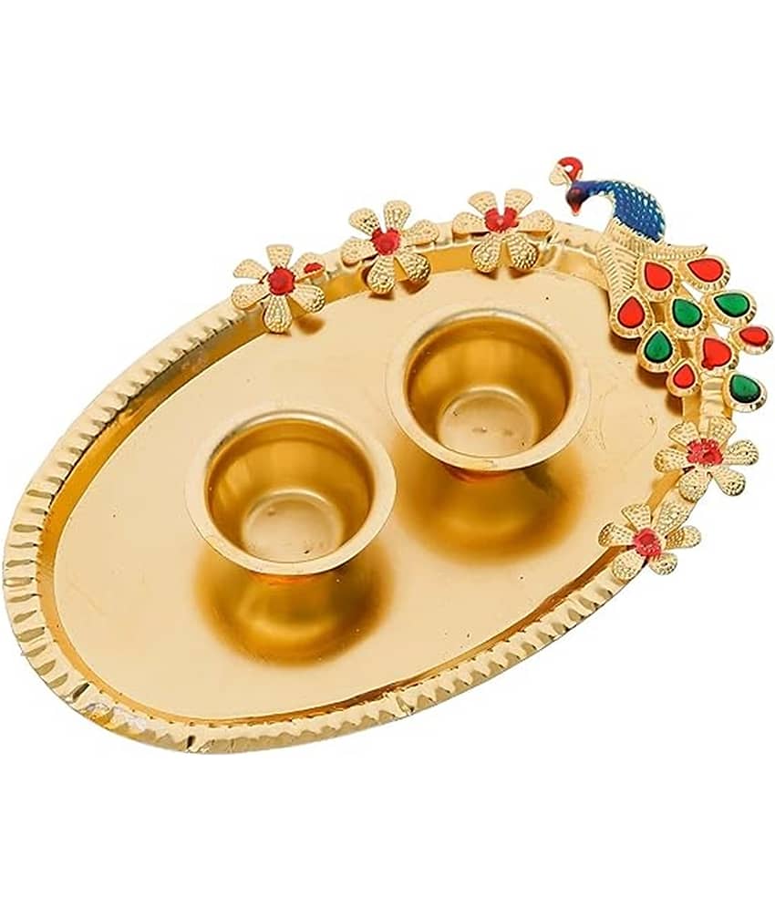 THRIFTKART - 1PC Decorative Roli Chawal Haldi Kumkum Holder Kumkum Box for Gifting, Pooja, Thali, Mandir, Home, Temple, Gifting Oval Peacock Design with Golden Finish