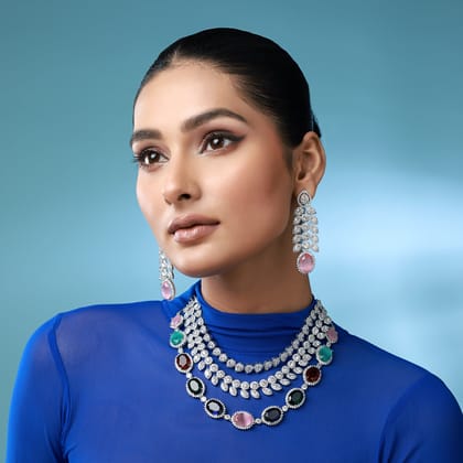 Diamonds Galore Necklace Set-CZ DIAMOND STONES / MULTICOLOUR