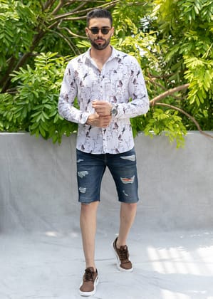 Linen Cotton Blend,Digital Print,Plain, Full Sleeves,Semi Slim Fit,White And Multi Colour Floral, Men,Shirt-38