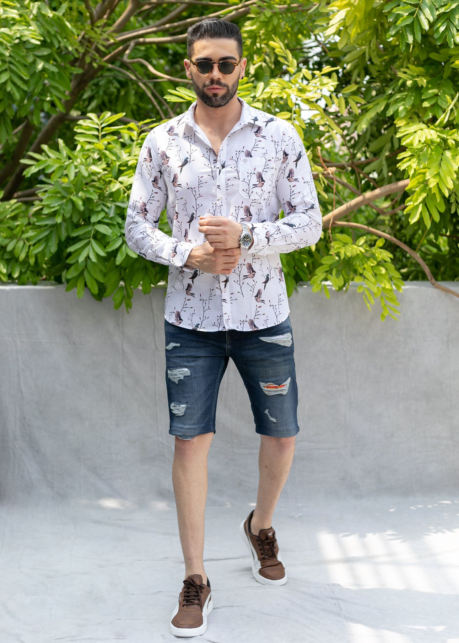Linen Cotton Blend,Digital Print,Plain, Full Sleeves,Semi Slim Fit,White And Multi Colour Floral, Men,Shirt-38