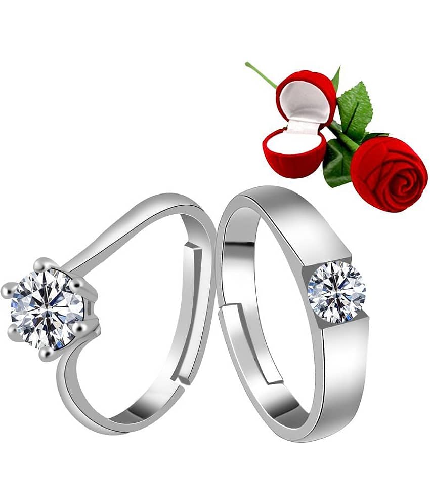 Silver Plated Adjustable Couple Rings Set for lovers Ring with 1 Piece Red Rose Gift Box  for Men and Women