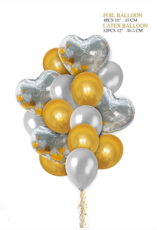 Happy Anniversary Silver & Gold Balloon Set - 16PC