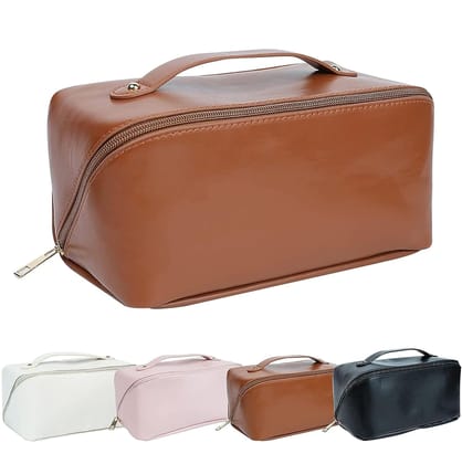 Women's Makeup/Cosmetic Travel Bag with Handle & Divider-Brown
