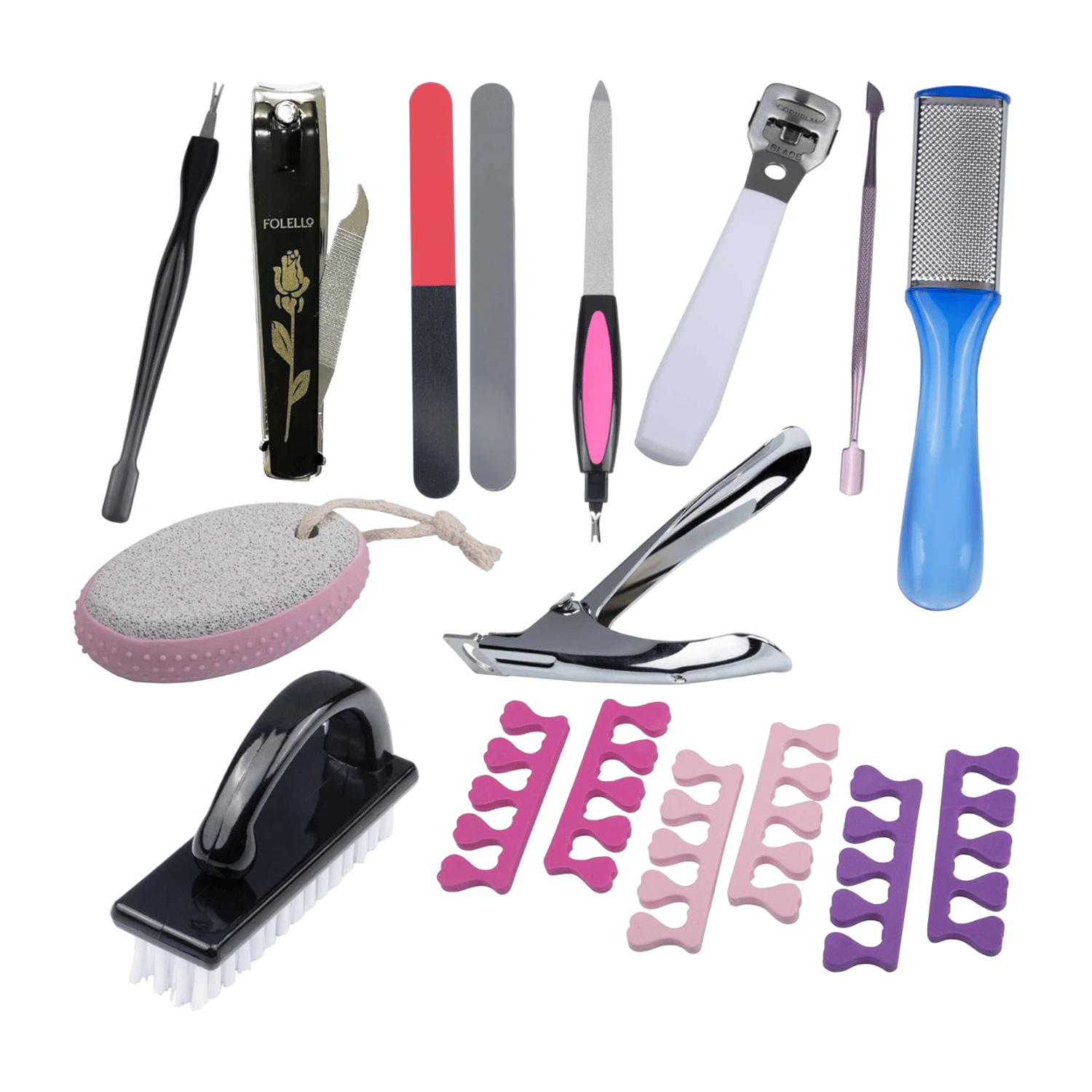 All-In-One Stainless Steel Nail and Foot Care Set: Nail Clipper, Nail Tip Cutter, Nail Pusher, Spoon Nail Cleaner, Nail Cleaner Brush, Nail Buffer, Nail Polish Separator, Foot Filer, Callus Remov