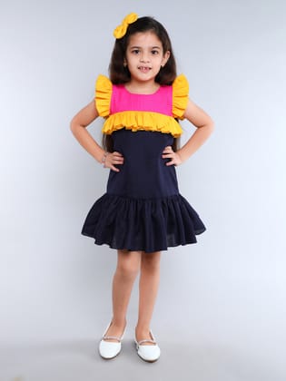 Cotton Drop Waist ColorBlock Dress -Navy Blue-1-2Y