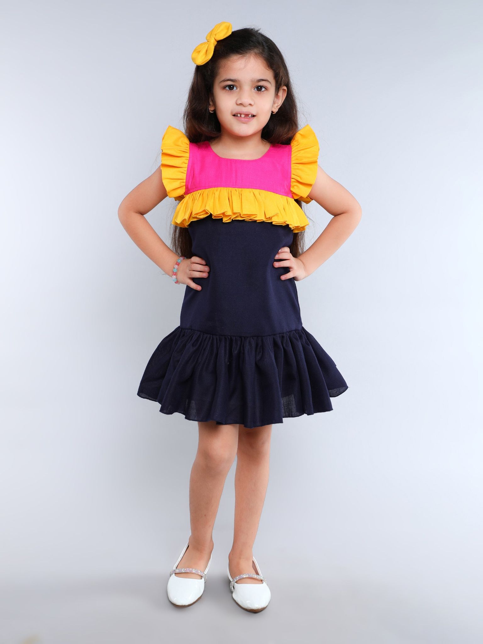 Cotton Drop Waist ColorBlock Dress -Navy Blue-1-2Y