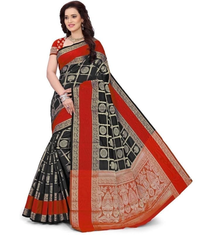 Women's Jacquard Woven Saree With Unstitched Blouse 5.5Mtr (Red-Black)-PID54502