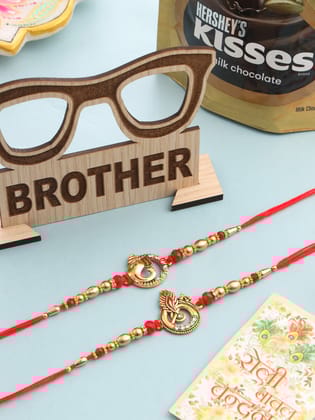 NVR Men Set of 2 Golden Red Religious Designer Ganesh Ji Thread Rakhi Combo-One Size / Red